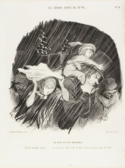 A noite do feriado nacional. Nunca falha... sai-se para ver o fogo de artifício e tudo o que se vê é fogo de artifício!, prato 20 de Os Melhores Dias da Vida de Honoré Victorin Daumier