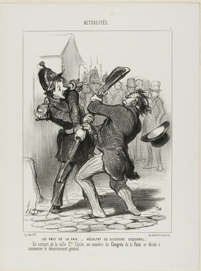 Os amigos da paz - Resultado de um discurso de Coquerel. Ao sair da enfermaria de Santa Cecília, um membro do congresso da paz decidiu iniciar o desarmamento geral, placa 7 de Actualités de Honoré Victorin Daumier