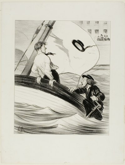 A Rajada de Vento. "- Oh, que raio! Perdi o meu chapéu! - Não te preocupes.... como é à prova de água.... não terás problemas em recuperá-lo em Rouen!", placa 17 de Les Canotiers Parisiens de Honoré Victorin Daumier
