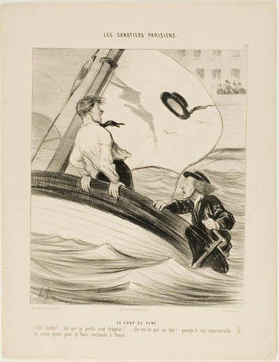 A Rajada de Vento. "- Oh, que raio! Perdi o meu chapéu! - Não te preocupes.... como é à prova de água.... não terás problemas em recuperá-lo em Rouen!", placa 17 de Les Canotiers Parisiens de Honoré Victorin Daumier