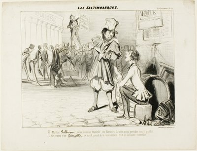 Os Mountebanks. "- Oh Sr. Bilboquet, estamos fartos... estes palhaços vão roubar-nos o espetáculo! Não te preocupes, Gringaillet, eles não são concorrência, são apenas comediantes!" de Les Saltimbanques de Honoré Victorin Daumier