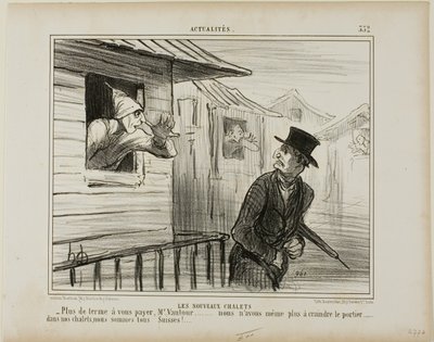 As novas casas de bloco. "- Não há mais renda a pagar, Monsieur Vautour... e já não temos medo do porteiro..... nos nossos chalés somos todos suíços", placa 332 de Actualités de Honoré Victorin Daumier
