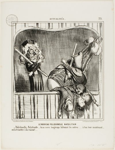 O novo bufão napolitano. "- Polichinelo, Polichinelo, já bateste nos outros durante muito tempo... agora é a tua vez. Vamos chamar-te à razão...", placa 221 de Actualités de Honoré Victorin Daumier