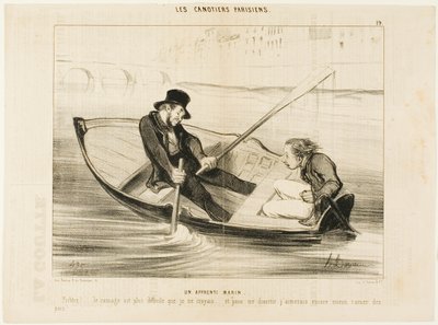O marinheiro principiante. "Diabo... remar é muito mais difícil do que eu pensava! E para me divertir de verdade, prefiro ficar com ervilhas...", placa 19 de Les Canotiers Parisiens de Honoré Victorin Daumier