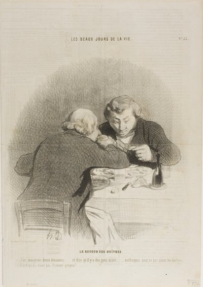 O regresso da época das ostras. "- Era capaz de comer doze dúzias delas... Imaginem que há pessoas que não gostam de ostras... - Não têm respeito por elas próprias...", prato 53 de Les Beaux Jours De La Vie de Honoré Victorin Daumier