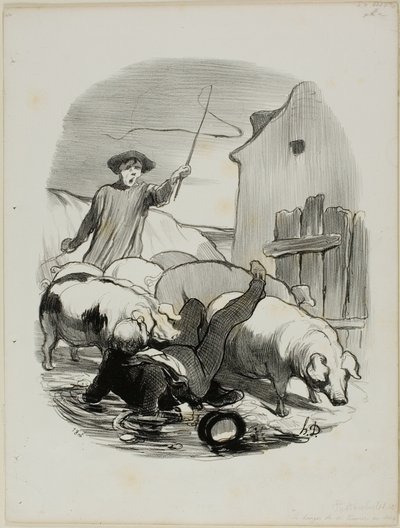 O perigo de ser apanhado numa perseguição a um campanário, placa 12 de Pastorales de Honoré Victorin Daumier