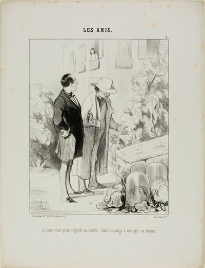 O marido quer que ele veja a sua cama quente, o amigo só sonha em ver a sua mulher, placa 3 de Les Amisa de Honoré Victorin Daumier