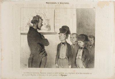 Os alunos do Instituto Pascareau estão a experimentar o seu novo uniforme escolar que os faz parecer um pouco com o grande Napoleão e muito com os pequenos jornalistas, placa 25 de Professeurs Et Moutards de Honoré Victorin Daumier