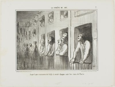 As ruas de Paris começam a ter este aspeto todas as noites, placa 7 de La Cométe De 1857 de Honoré Victorin Daumier