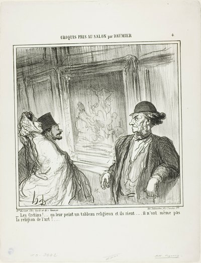 "Que idiotas! Pinta-se-lhes um quadro religioso e eles riem-se.... nem sequer têm devoção pela arte!...", placa 4 de Croquis Pris Au Salon par Daumier de Honoré Victorin Daumier