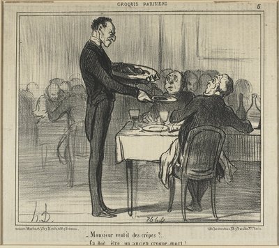 "Monsieur quer crepes... - Deve ter sido cangalheiro", prato cinco de Croquis Parisiens (Esboços Parisienses) de Honoré Victorin Daumier