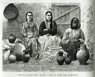 Cristãos, traficantes de petróleo em Jerusalém. Gravura de H. Chapuis, para ilustrar La Syria d