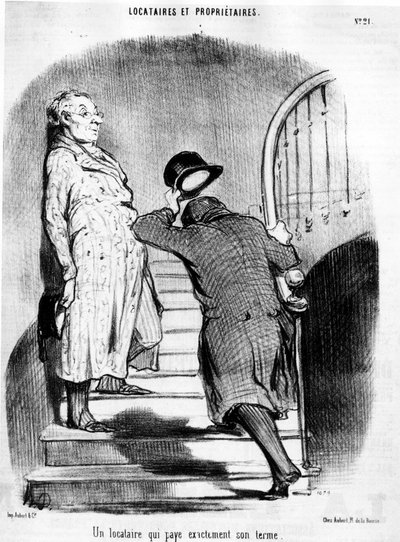 Um inquilino que paga exactamente o seu termo, retirado de "Tenants et Owners", série de desenhos animados de Honore Daumier (1808-1879). "Charivari". de Honoré Daumier
