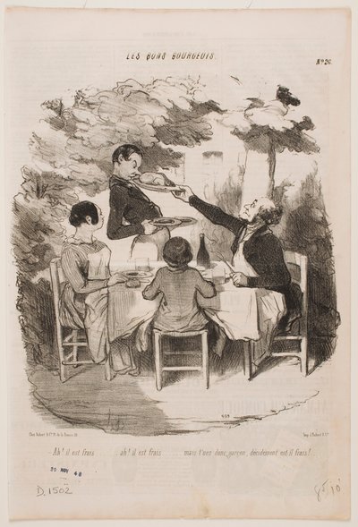 Ah, está fresco, está fresco! ... Cheire-o você mesmo, empregado de mesa, diz que isto está fresco? ... de Honoré Daumier