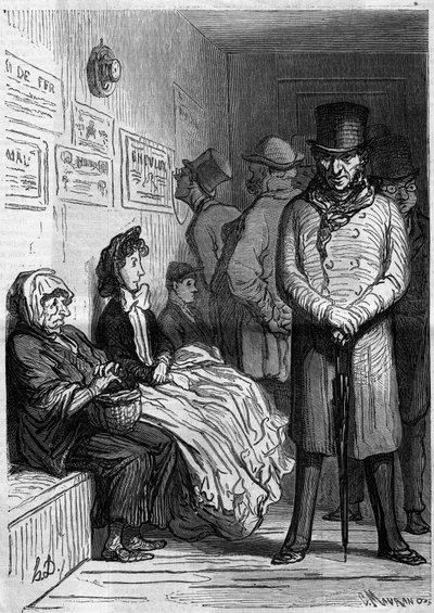 Uma secretária omnibus à espera. Cartoon de Honore Daumier (1808-1879). Gravura em "Le Monde Illustré" n°257 de 15 de Março de 1862. de Honoré Daumier