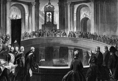 Aniversário da morte de Napoleão I, 5 de Maio de 1863 : missa comemorativa celebrada nos Inválidos, em Paris, na presença de antigos soldados do exército napoleónico. Gravura em "Le Monde Illustre" n°318 de 16 de maio de 1863. de Honoré Daumier