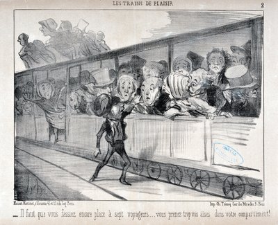 Obra de Honore Daumier (1808-1879). Charivari data de 1852: Serie LES TRAINS DE PLEASURE - Tens de arranjar espaço para sete passageiros... estás demasiado confortável no teu compartimento! MUSEU DE BELAS ARTES - PALÁCIO LONGCHAMP, MARSEILLE de Honoré Daumier