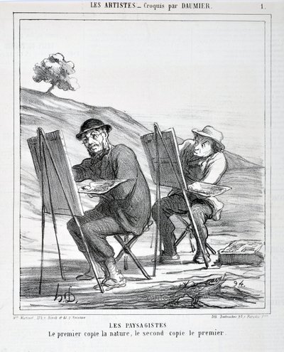 Obra de Honore Daumier (1808-1879). Charivari data de 1865: Serie LES ARTISTS Les paysagistes. "A primeira cópia natureza, a segunda cópia a primeira" MUSEE DES BEAUTS ARTS - PALAIS LONGCHAMP, MARSEILLE de Honoré Daumier