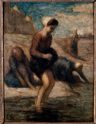 À beira da água Jovem mulher a penetrar temerosamente na água. Pintura de Honore Daumier (1808-1879) Sol do século XIX. 0,33x0,24 m Troyes, museu de arte moderna. de Honoré Daumier