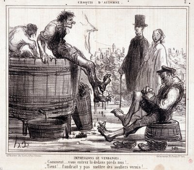 Desenho animado sobre colhedores pisando uvas descalças, da série "Autumn Sketch". de Honoré Daumier