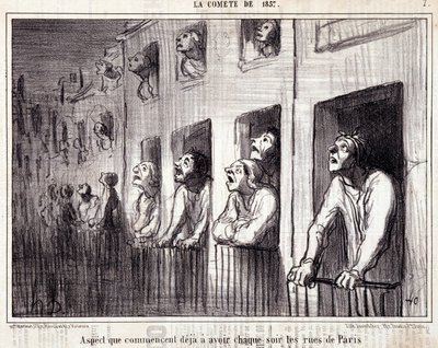 Desenho animado sobre ciência. Serie Sur "la Comete de 1857": "Aspecto que já começa a ter todas as noites as ruas de Paris". Gravura de Honore DAUMIER (1808-1879). Extracto do jornal "Le Charivari". Dim 38x25cm. Inv D - caixa 7 Marselha, de Honoré Daumier