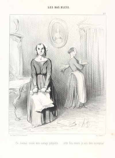 Este jornal considera a minha obra lamentável... mais uma vez sou, pois, incompreendida! Prancha 38 da série As mulheres letradas do jornal Le Charivari de Honoré Daumier