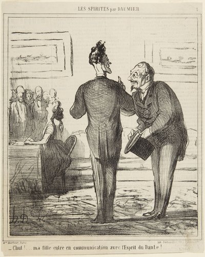 Silêncio...! A minha filha entra em comunicação com o espírito de Dante!, número 1 da série Os espíritas de Le Charivari de Honoré Daumier