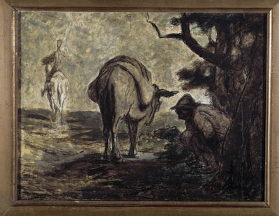 Dom Quixote e Sancho Panza. Ilustração do romance de Miguel Cervantes Don Quixote de la Mancha (El ingenioso Hidalgo Don Quijote de la Mancha). Pintura de Honore Daumier (1808-1879). Óleo sobre tela. Sol. 24x31 Musee des Beaux Arts, Palais Longchamp. de Honoré Daumier