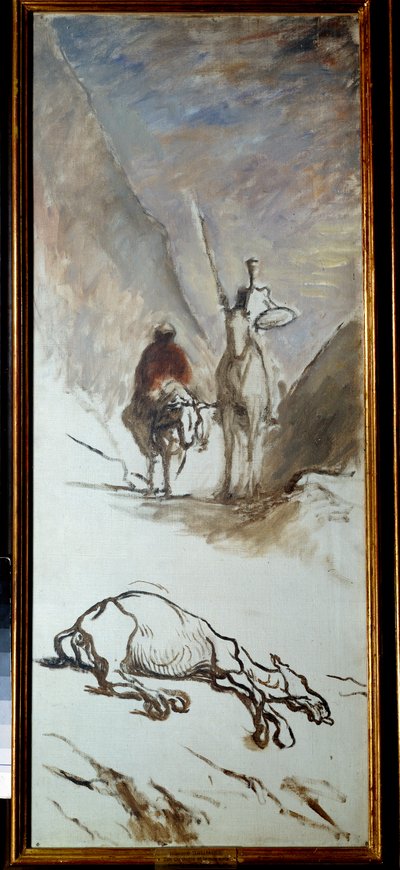 Dom Quixote e a mula morta Ilustração do romance de Miguel Cervantes "Dom Quixote de la Mancha" (El ingenioso Hidalgo Dom Quijote de la Mancha). Pintura de Honore Daumier (1808-1879). Sol do século XIX. 1,32x0,54 m . de Honoré Daumier