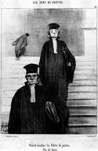 Grande escadaria do Palácio da Justiça, Vista de rostos, tirada do "Gens de Justice", série de desenhos animados sobre Justiça de Honore Daumier (1808-1879). "Charivari". de Honoré Daumier