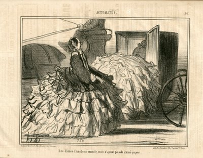 Le Charivari, Satirical in B & W, ca. 1855_5_11: Notícias n* 190. Senhoras de um meio mundo, mas não saias. - Moda, Transporte, Crinolines - Ilustração Mulher por Honore Daumier (1808-1879) de Honoré Daumier