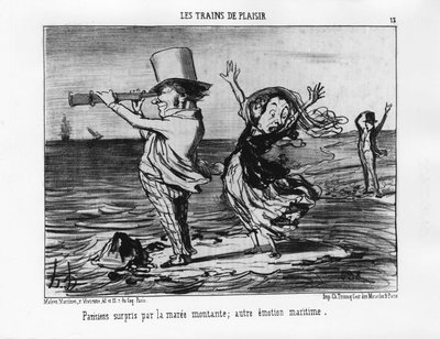 Les Trains de plaisir: Parisiens surpreendido com a maré crescente; outra emoção marítima - por Daumier "Les chemins de fer", em "Charivari" de 18/09/1852. de Honoré Daumier