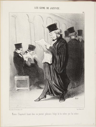 O mestre Chapotard lê num jornal judicial o elogio de si próprio feito por si próprio de Honoré Daumier