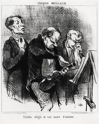 Esboços musicais: prelúdios obrigatórios de qualquer concerto amador. Três músicos se esforçam para iluminar suas vozes, afinar um violino e assoar seu nariz com ostentação. Illustration d