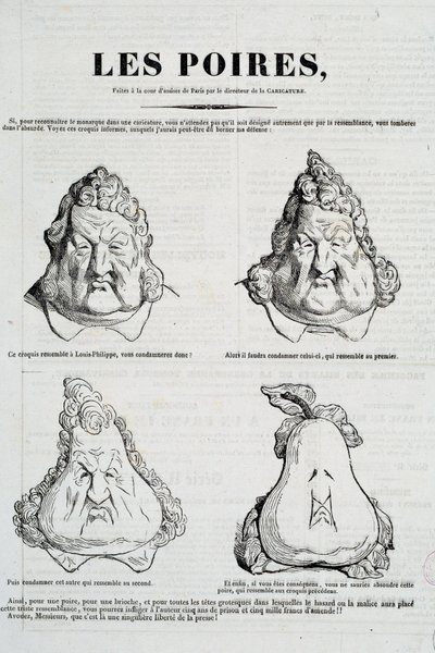 Peras: Caricatura representando uma metamorfose do rosto de Louis Philippe em pêra. Desenho de Honore Daumier (1808-1879) após o desenho original de Charles Philippon (1806-1862) "La Caricature", Janeiro 1832 Paris, Musee Carnavalet de Honoré Daumier
