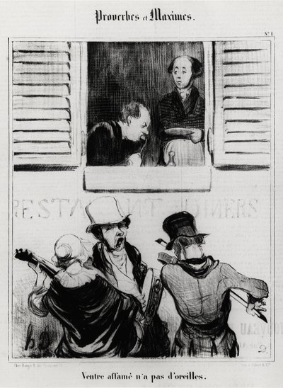 Provérbios e máximas: a barriga faminta não tem ouvidos. Ilustração de Honore Daumier (1808-1879). Caricatura do século XIX, Musee Carnavalet, Paris. de Honoré Daumier