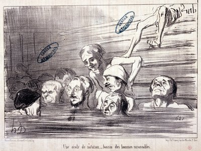 Série "Les Bains de Mer": "Esboço Aquático". Uma escola de natação, uma piscina de homens razoáveis." Gravação por Honore DAUMIER (1808-1879). Extracto do jornal "Le Charivari". de Honoré Daumier