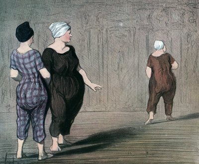Série “” Les batheuses”” duas mulheres em maiô examinam o corte de outra, caricatura de Honore Daumier (1808-1879) 1844 (Os banhistas: duas senhoras de maiô, olham para cima e para baixo na cintura de outra) Privado coleção de Honoré Daumier