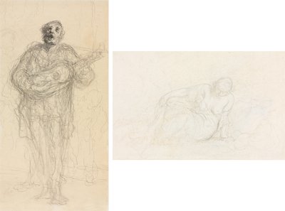 Guitarrista Cantor (reto); Mulher reclinada apoiada em seu braço (verso) de Honoré Daumier