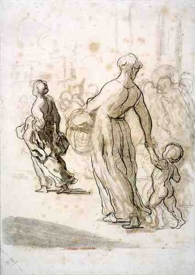 Duas Mulheres e uma Criança, c.1848-50 (giz, carvão e guache em papel antigo) de Honoré Daumier