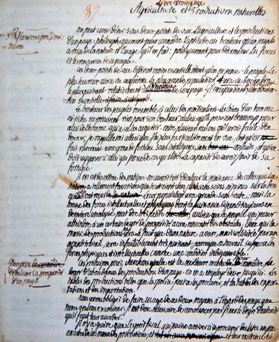 Página do tratado de Mirabeau sobre a organização agrícola, económica e militar da monarquia prussienne "De la Monarchie Prussienne" (tinta sobre papel) de Honore Gabriel de comte de Mirabeau Riqueti
