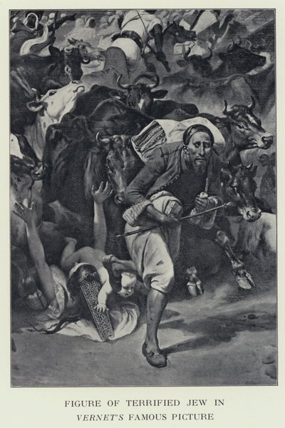 Figura de judeu aterrorizado em foto famosa dos Vernets - supostamente uma representação do Barão James Rothschild (foto a p/b) de Horace (after) Vernet