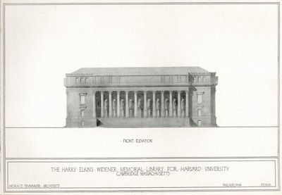 Elevação frontal, a Harry Elkins Widener Memorial Library para a Universidade de Harvard, Cambridge, Massachusetts (litho) de Horace Trumbauer