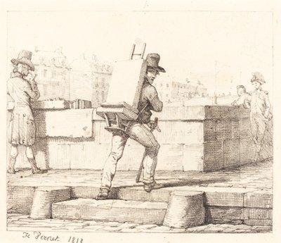 Artista carregando cavalete com uma pedra litográfica de Emile Jean Horace Vernet