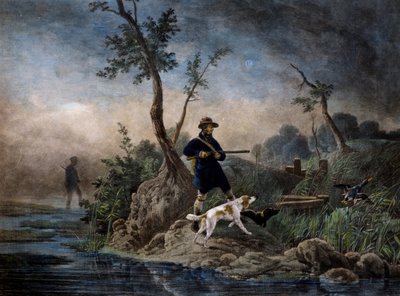 Caça ao pato no pântano, gravura baseada na pintura de Horace Vernet (1789-1863) de Emile Jean Horace Vernet