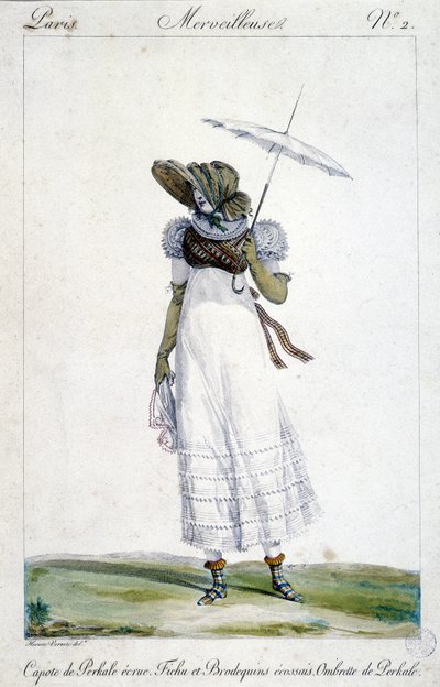 Gravura de moda de Horace Vernet (1789 - 1863), feita por volta de 1810 para "A Wonderful", retratando uma mulher usando um dossel de crue, um bordado sangrento e tartan e um guarda-chuva. de Emile Jean Horace Vernet
