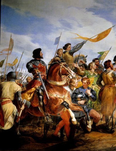 Guerra Franco-Inglesa (1202-1214): "a Batalha de Bouvines a 27/07/1214, Philippe Auguste põe em jogo a coroa da França" Ela se opôs ao exército francês de Philippe Auguste contra os Flamengos e os Welfs de Othon IV. A vitória da França foi decisiva na o de Emile Jean Horace Vernet