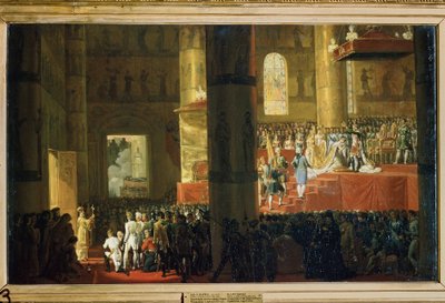 A coroação da Imperatriz Maria Feodorovna em 5 de abril de 1797. (A coroação da Imperatriz Maria Feodorovna em 5 de abril de 1797). Pintura de Horace Vernet (1789-1863). Óleo sobre tela, 60 x 95 cm. Arte francesa do século XIX. Museu Estatal Russo, Sa de Emile Jean Horace Vernet