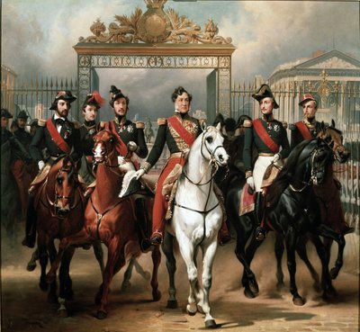 Rei Luís Filipe cercado por seus cinco filhos saindo pelo portão de honra do Palácio de Versalhes após ter passado por uma revista militar nos pátios de Emile Jean Horace Vernet
