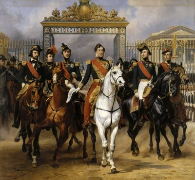 Louis Philippe e seus filhos a cavalo nesta saída Versalhes de bloqueio, 10 de junho de 1837 de Emile Jean Horace Vernet